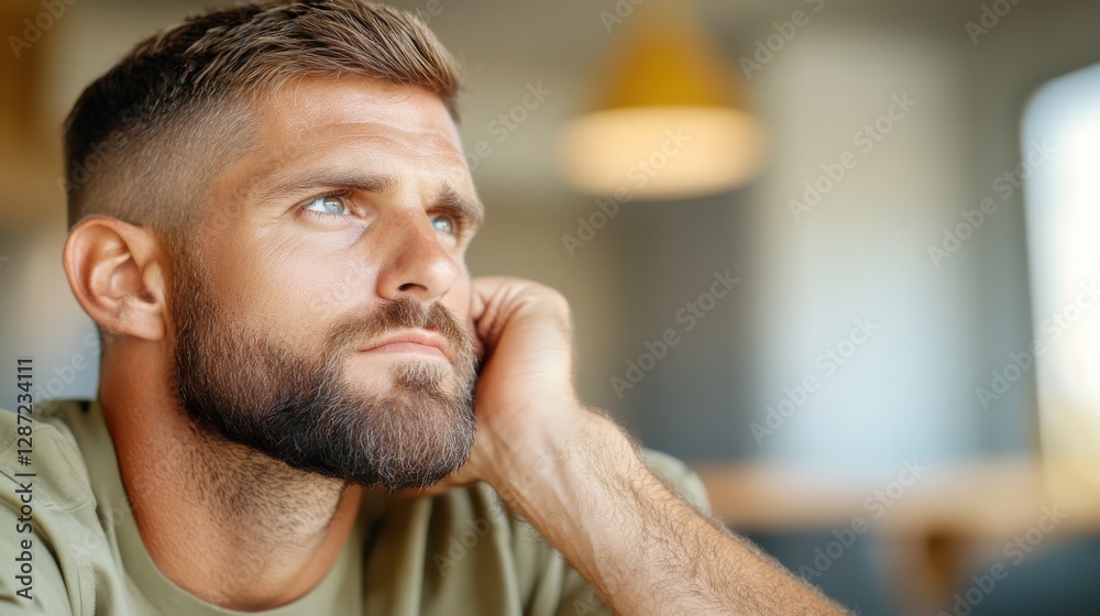 Obraz premium Soldier reflecting on past experiences while seated in a calm indoor setting