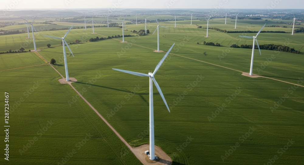 Obraz premium Modern wind turbines on lush green fields showcasing renewable energy in scenic rural landscape