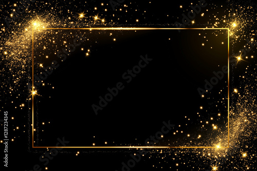 Gold sparkle frame with radiant glow on black background