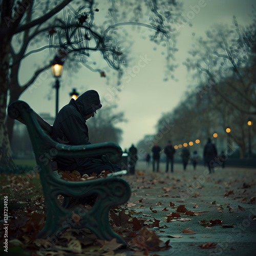 Solitary Figure on Park Bench Under Gloomy Sky Reflecting Loneliness and Rejection in the Midst of an Unfazed Crowd