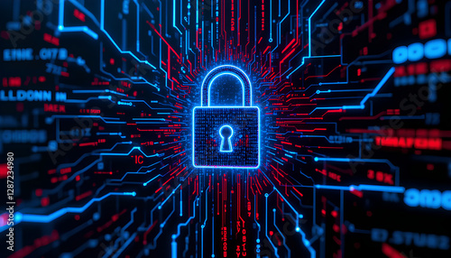 Digital Cyber Security Concept with Glowing Lock Icon and Network Lines