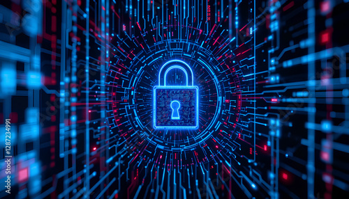 Digital Cyber Security Concept with Glowing Lock Icon and Network Lines