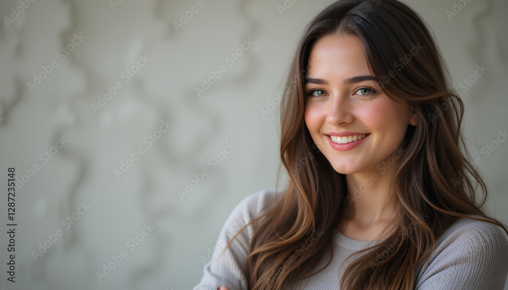 A cheerful young woman with long hair smiling warmly in a casual setting A cheerful young woman with long hair smiling warmly in a casual setting