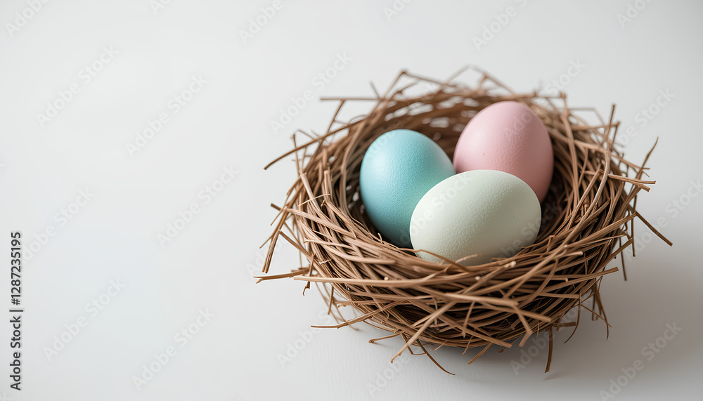 A close-up image of a handmade nest containing pastel-colored eggs. Perfect for symbolizing Easter, spring themes, or creative natural decorations. A close-up image of a handmade nest containing pastel-colored eggs. Perfect for symbolizing Easter, spring themes, or creative natural decorations.