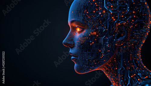 A high-tech face depiction showcasing intricate digital circuitry and glowing network designs, exuding a deep sense of futuristic technological advancements and artificial intelligence aesthetics.