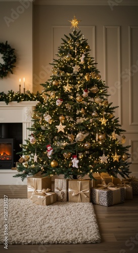 Elegant christmas tree with gold ornaments and wrapped gifts in cozy living room