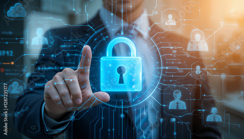 A professional interacts with a futuristic interface featuring a security padlock symbol, highlighting data protection, cybersecurity, and privacy concepts in a technologically advanced business setti