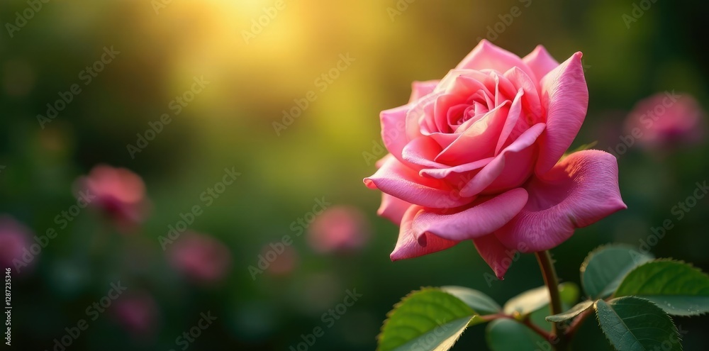 Fototapeta premium Soft petals of pink roses unfold in the morning dew, peaceful, garden, landscape