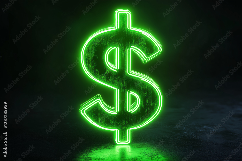 Glowing green neon sign of a dollar symbol, isolated on a black background