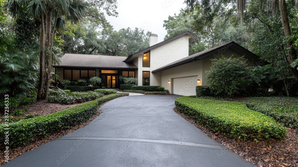 Modern House Exterior Driveway, Lush Landscaping, Peaceful Setting, Suitable for Real Estate, Architecture, or Design Use Modern House Exterior Driveway, Lush Landscaping, Peaceful Setting, Suitable for Real Estate, Architecture, or Design Use