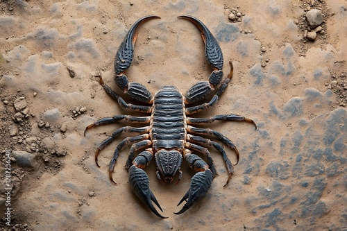 The scorpion resembles a curved symbol, with its legs spread wide ready to attack. The high, curved tail creates a dramatic silhouette, giving the impression of strength and tension photo