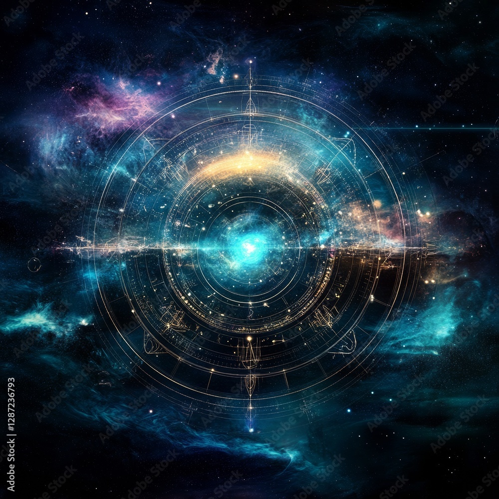 Obraz premium Futuristic Celestial Zodiac Wheel Radiating Ethereal Blue Energy