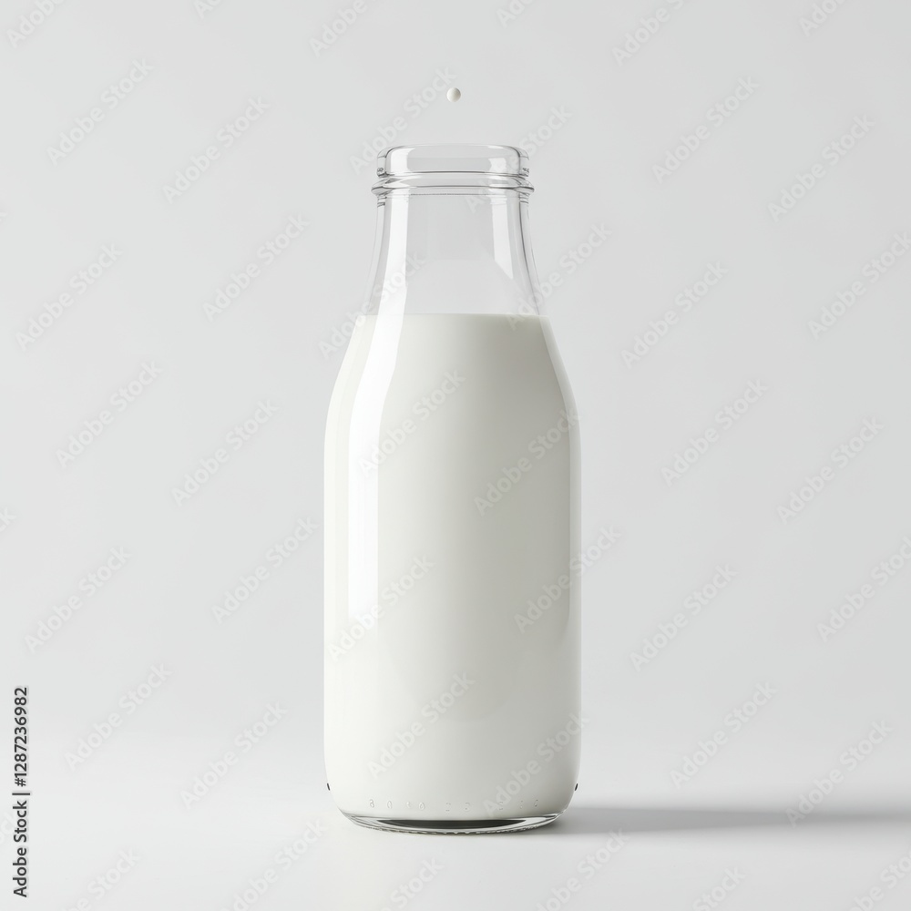 Fresh milk bottle on minimalist white background with droplet in motion Fresh milk bottle on minimalist white background with droplet in motion