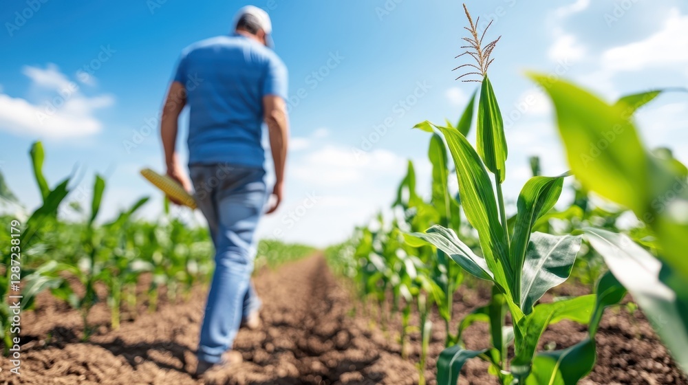 Farmer in cornfield holds ear of corn under blue sky Farmer in cornfield holds ear of corn under blue sky