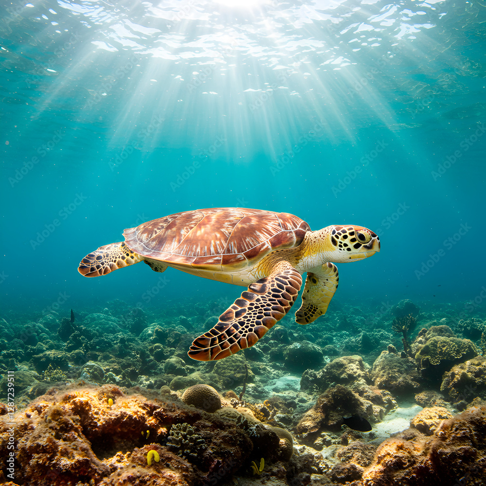 Obraz premium Turtle gliding through clear ocean waters