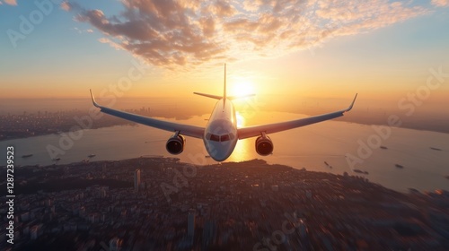 Jet aircraft soar through the vibrant sky over Istanbul's Bosphorus at sunset