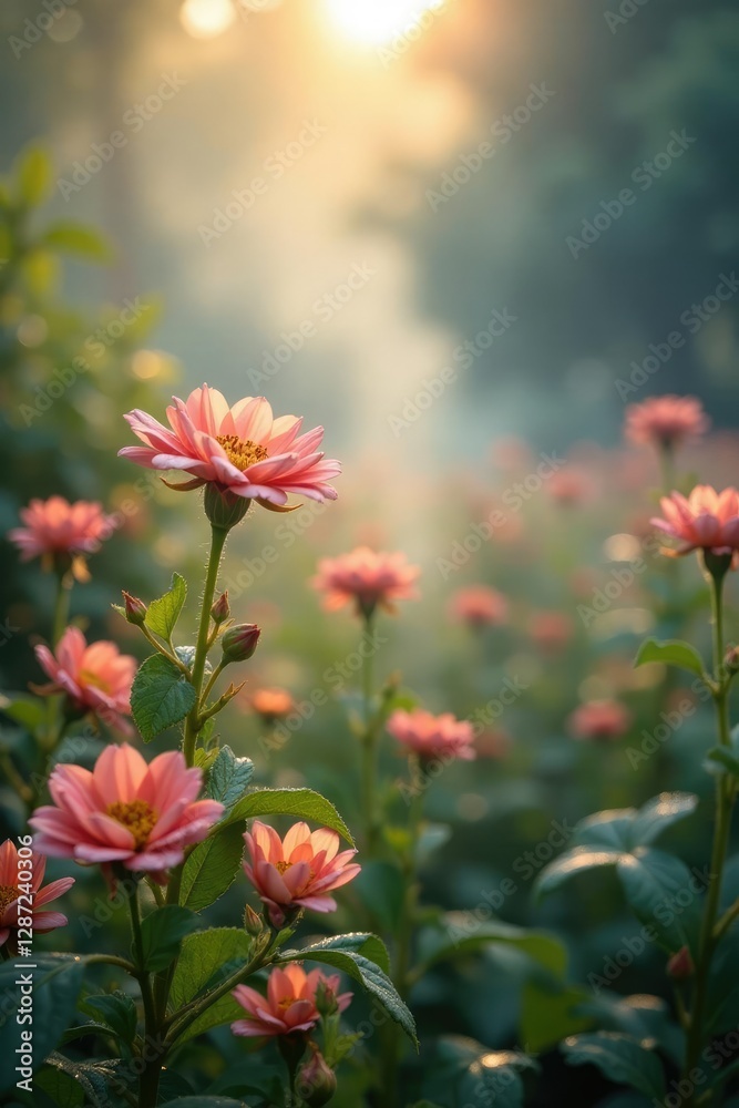 Soft peach fuzz smoke wafts through a garden on a misty morning, atmosphere, dew drops, Soft peach fuzz smoke wafts through a garden on a misty morning, atmosphere, dew drops,