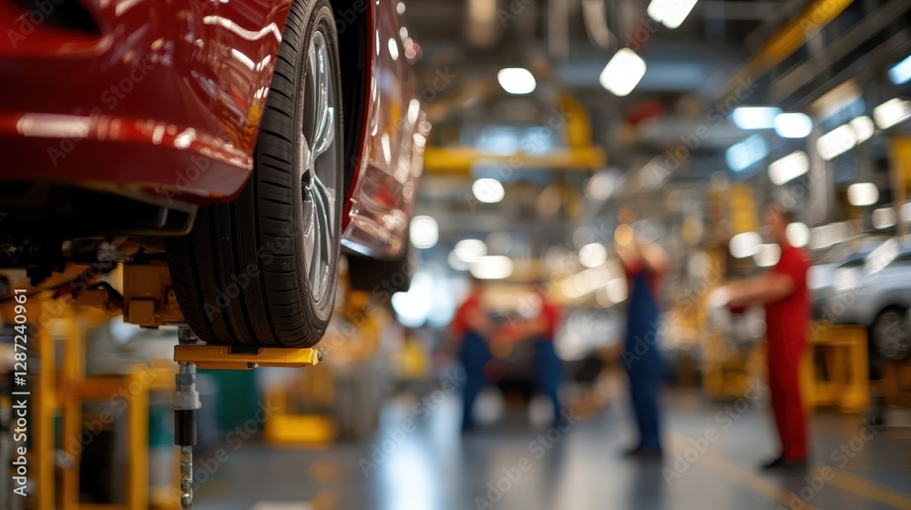 Obraz premium Mechanics work together in a busy shop, inspecting a raised vehicle