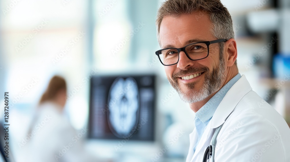 Fototapeta premium Radiologist reviews MRI in patient-centered hospital office