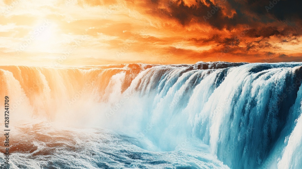 Fototapeta premium Dramatic Waterfall Cascading Down at Sunset with Orange Sky View