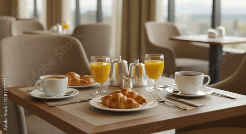 Wallpaper Mural Elegant breakfast setting with coffee, orange juice, and croissants in cozy cafe interior Torontodigital.ca