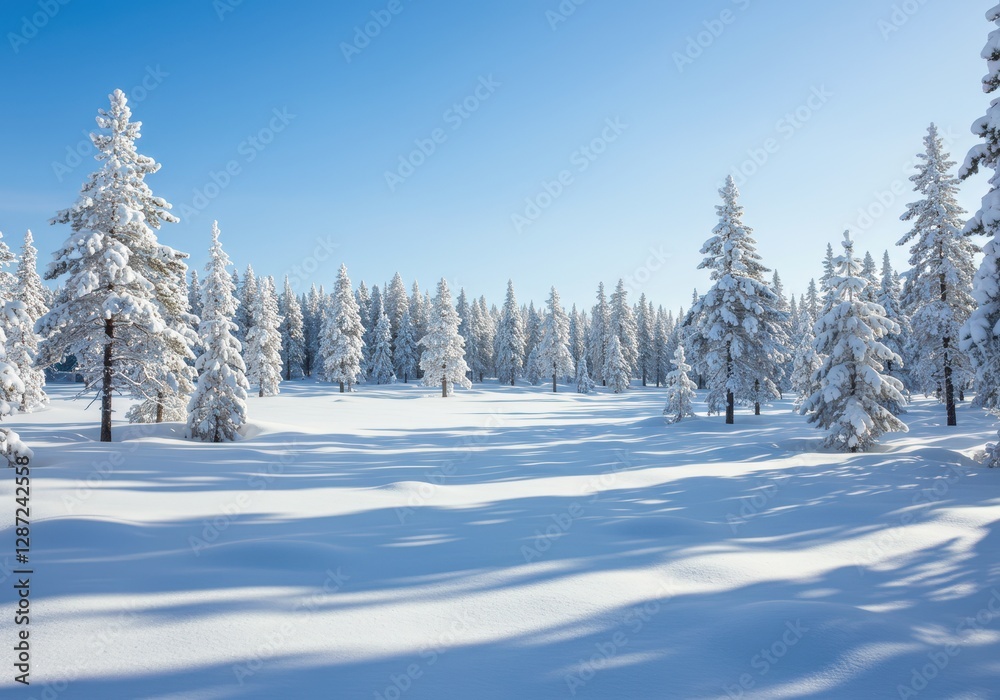 Obraz premium Peaceful winter wonderland with snow-covered trees and clear blue sky