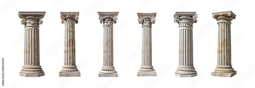 Obraz premium Collection of Classical Architectural Columns Featuring Doric, Ionic, and Corinthian Styles, Reflecting Ancient Elegance, Isolated on Transparent and White Background