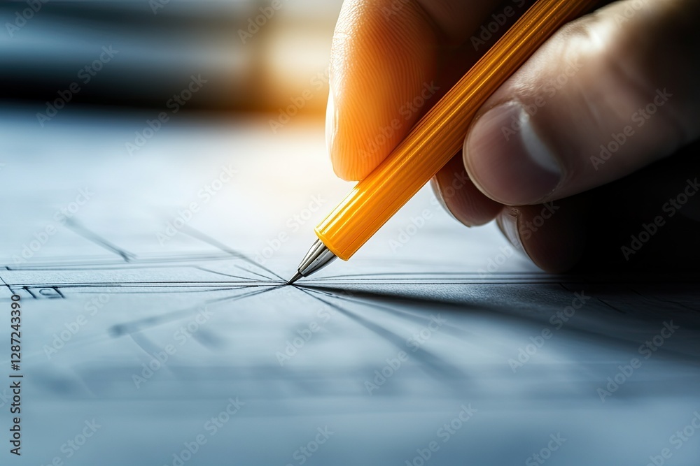 High Detail Image of Closeup of Human Hand Drawing Line on Blueprint High Detail Image of Closeup of Human Hand Drawing Line on Blueprint