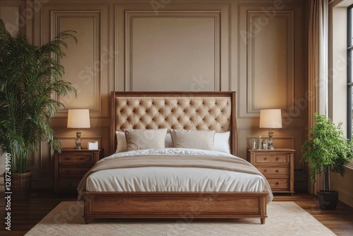 Elegant bedroom featuring a tufted headboard and inviting natural light
