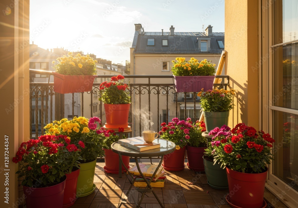 Naklejka premium Colorful balcony garden with flowers and coffee at sunrise