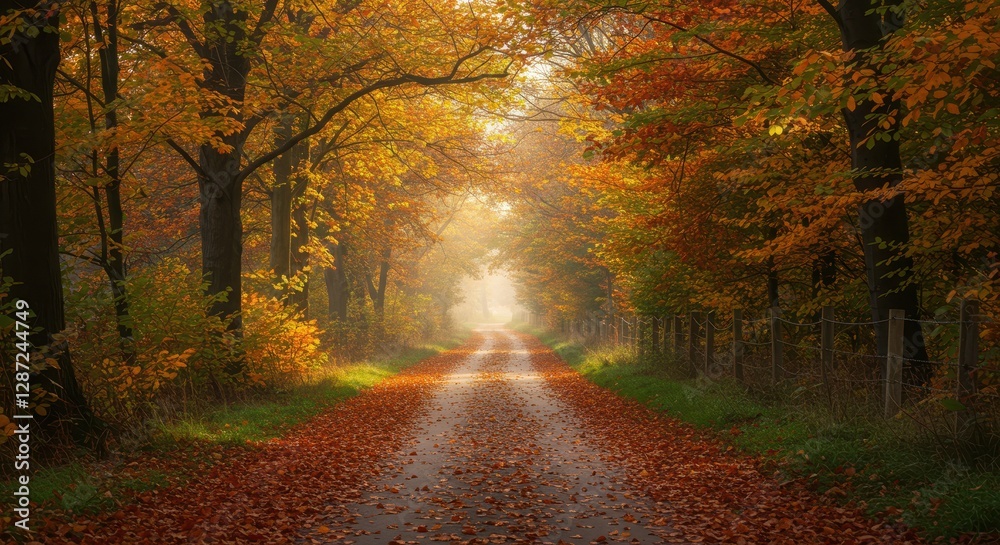 Obraz premium Enchanting autumn pathway lined with vibrant foliage and sunlit trees