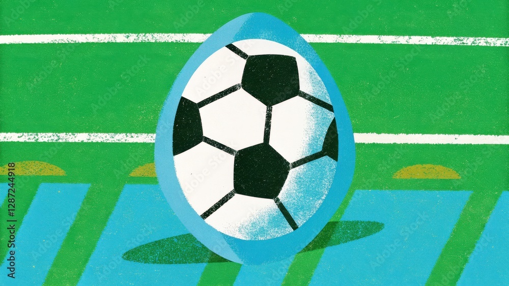 Obraz premium Abstract soccer ball with egg shape on green field - playful and surreal sports concept