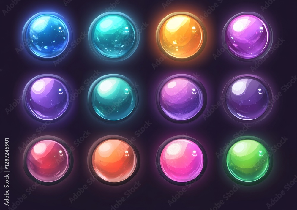 Colorful game UI gems, glowing, dark background, app design Colorful game UI gems, glowing, dark background, app design