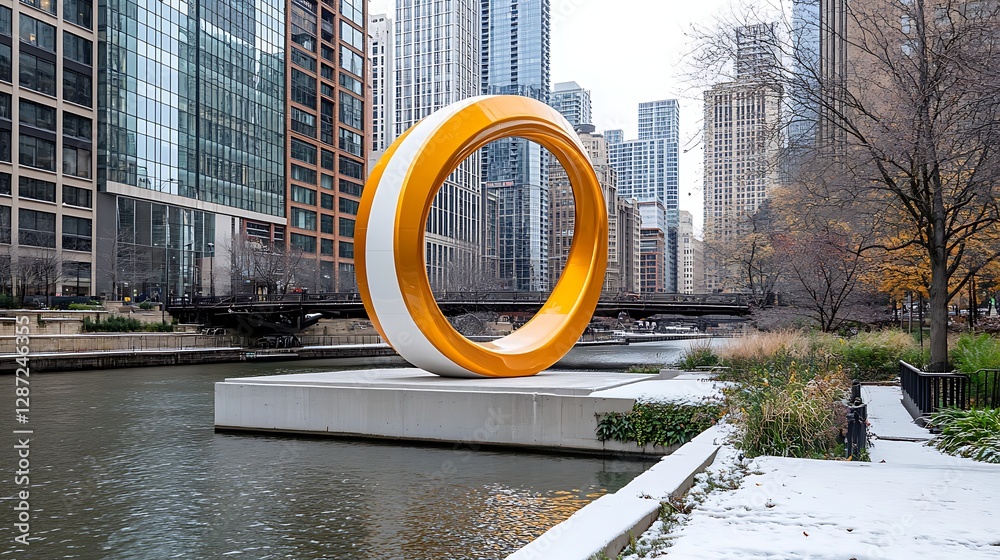 Naklejka premium Modern art installation chicago river sculpture urban landscape eye-level creativity
