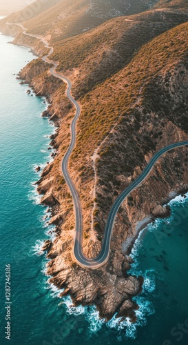 Winding coastal road along rugged cliffside with turquoise waters and stunning mountain views photo