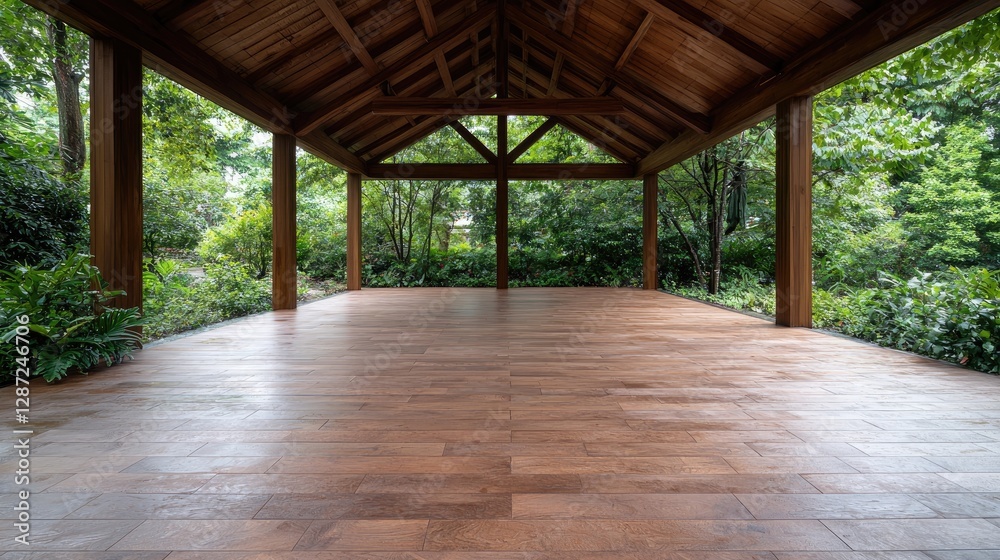 Empty wooden pavilion in lush garden, tranquil setting, event space Empty wooden pavilion in lush garden, tranquil setting, event space