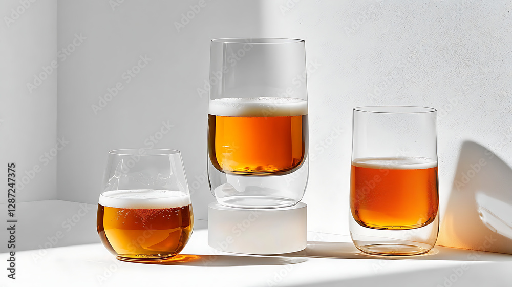 Three glasses of beer are lined up on a table Three glasses of beer are lined up on a table