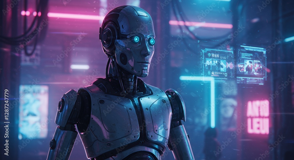 Futuristic Robot in a Cyberpunk City Scene with Glowing Neon Lights Futuristic Robot in a Cyberpunk City Scene with Glowing Neon Lights
