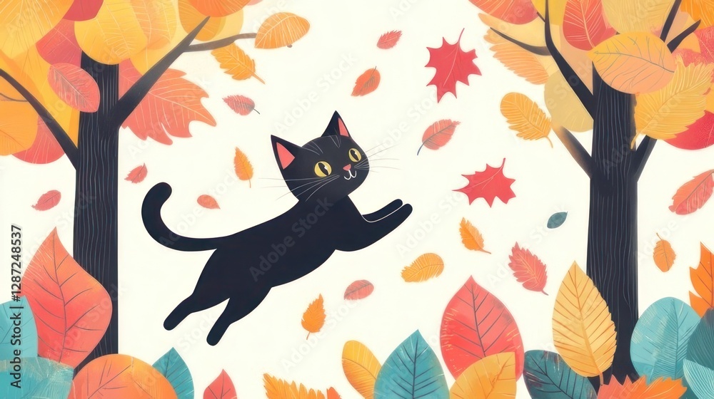 Fototapeta premium Black Cat Leaping Amidst Autumn Leaves