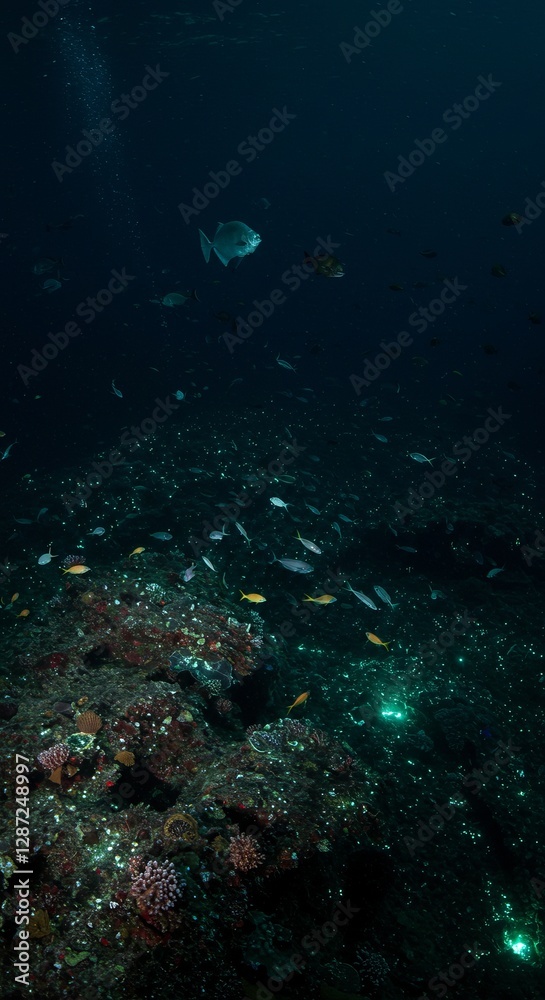 Fototapeta premium Vibrant underwater scene with diverse marine life in deep blue ocean