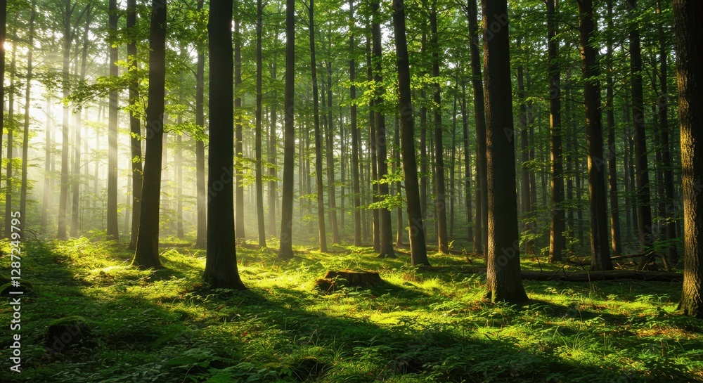 Fototapeta premium Serene forest landscape with sunlight filtering through trees in lush greenery