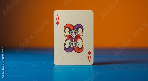 Ace of hearts playing card with colorful joker design on vibrant background