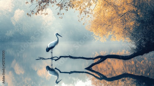 Serene Autumn Reflections: A Solitary Stork on a Misty Lake