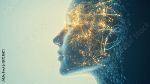 Human head profile showcasing complex neural connections and glowing synapses illustrating artificial intelligence concepts. Generative AI