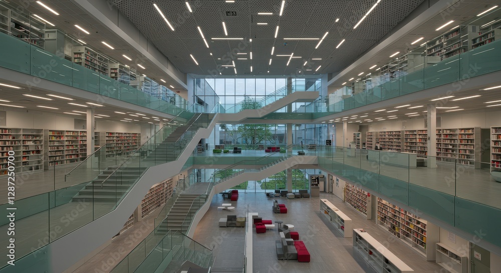Naklejka premium Modern library interior with glass railings and open layout design