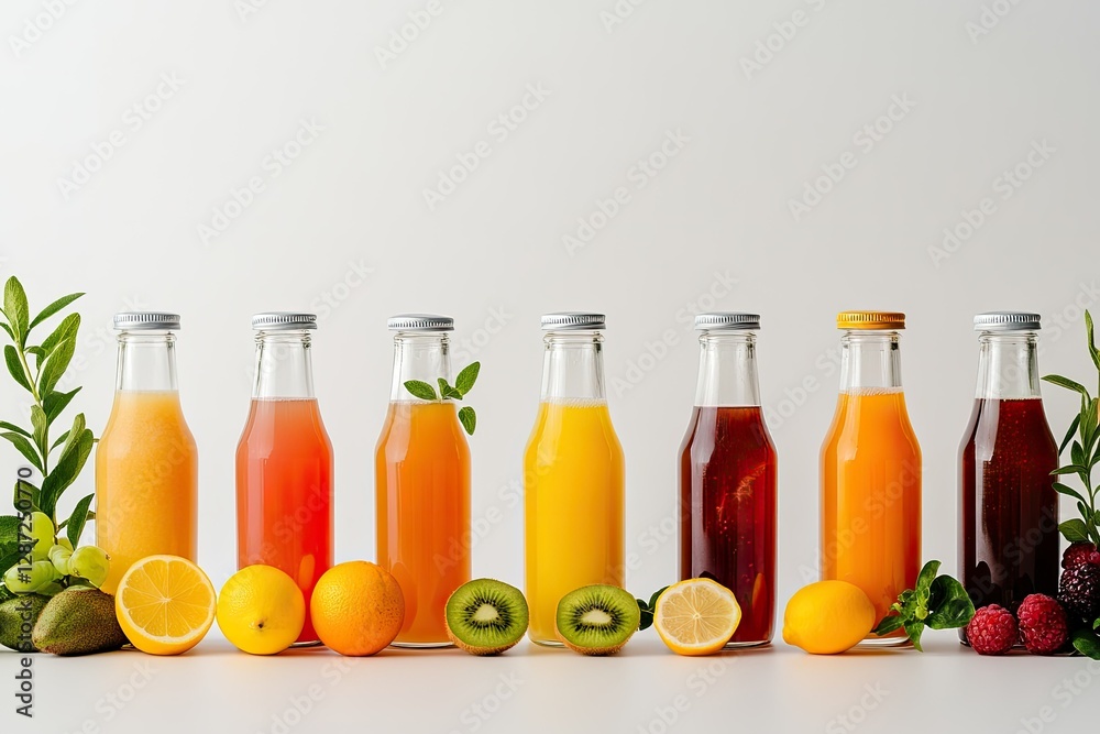 Set of Various Healthy Fresh Fruit Juice in Glass Bottles Isolated on White Background Set of Various Healthy Fresh Fruit Juice in Glass Bottles Isolated on White Background