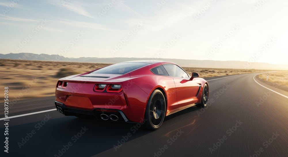 Red sports car cruising on desert highway at sunset Red sports car cruising on desert highway at sunset