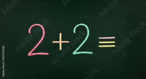 Colorful chalk math equation on blackboard representing simple addition for educational purposes photo