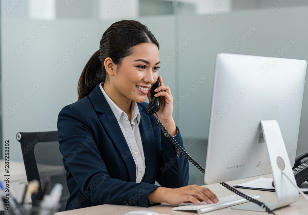 Professional businesswoman in office on phone call while working on computer for communication and productivity Professional businesswoman in office on phone call while working on computer for communication and productivity