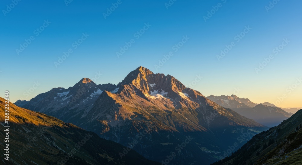 Majestic mountain range at golden hour with clear blue sky in scenic alpine landscape Majestic mountain range at golden hour with clear blue sky in scenic alpine landscape